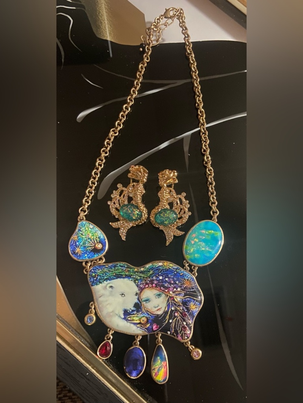 Antique-Gold K9 Multicolor Art Pendant Necklace and Fanstar Mermaid Earring Set